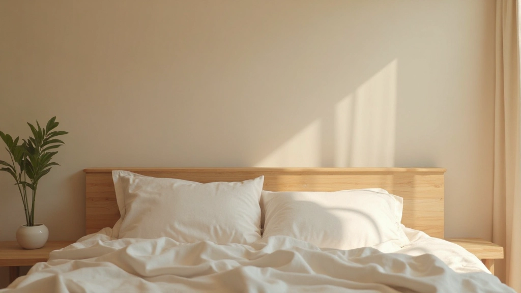 ナチュラル素材で統一された落ち着いたベッドルーム、布製品とウッド家具