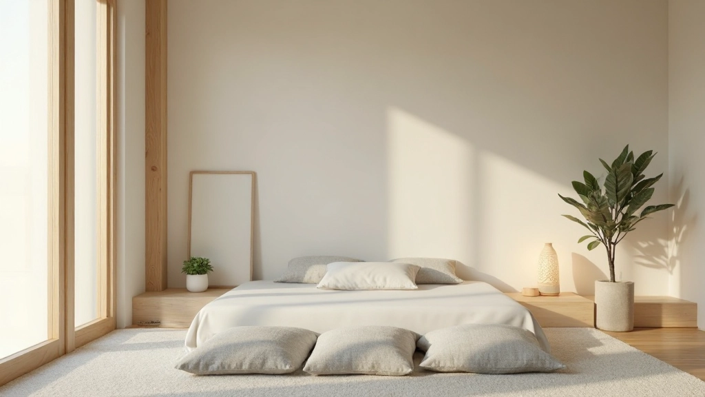 白と茶色、グレーの色調で統一された瞑想スペース、観葉植物が色彩にアクセントを加えている