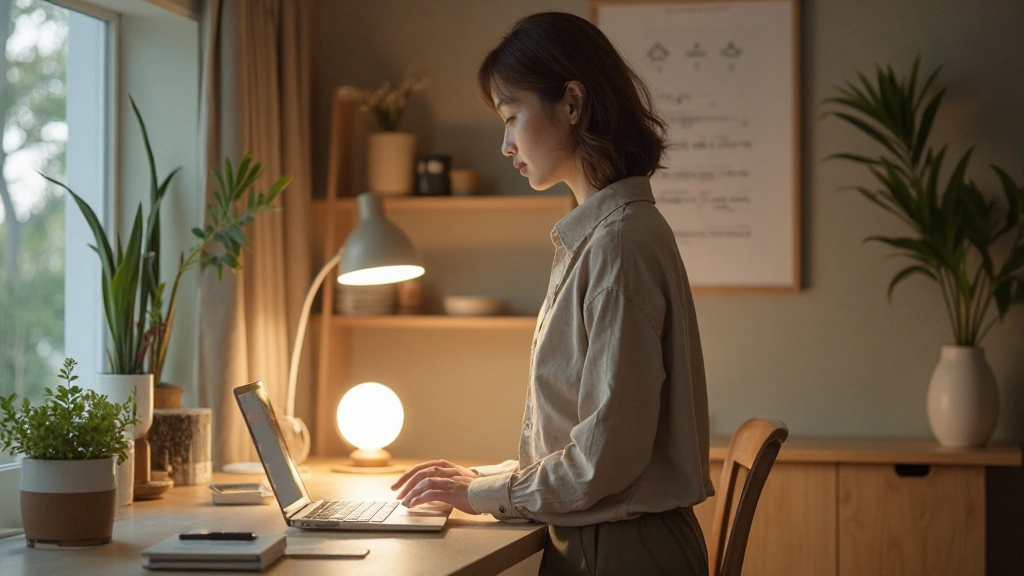 ホームオフィスの天井照明、デスクライト、間接照明が調和した三層構造の照明配置図、それぞれの光の色と位置を示す