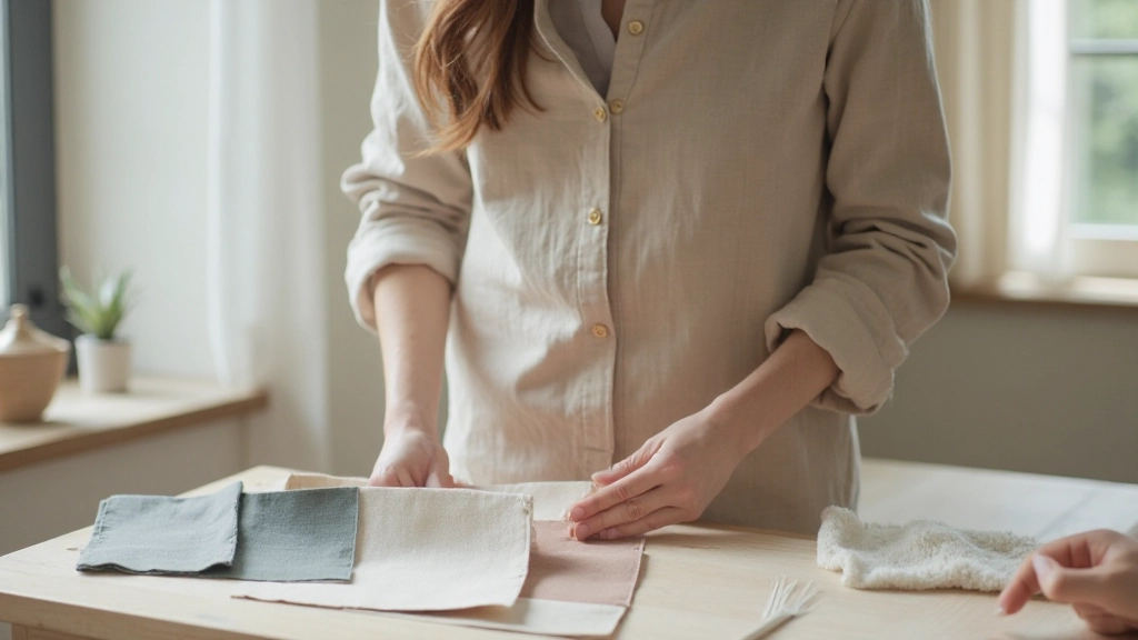 様々な落ち着いた色の布地が整理されたファブリックサンプル、自然な照明