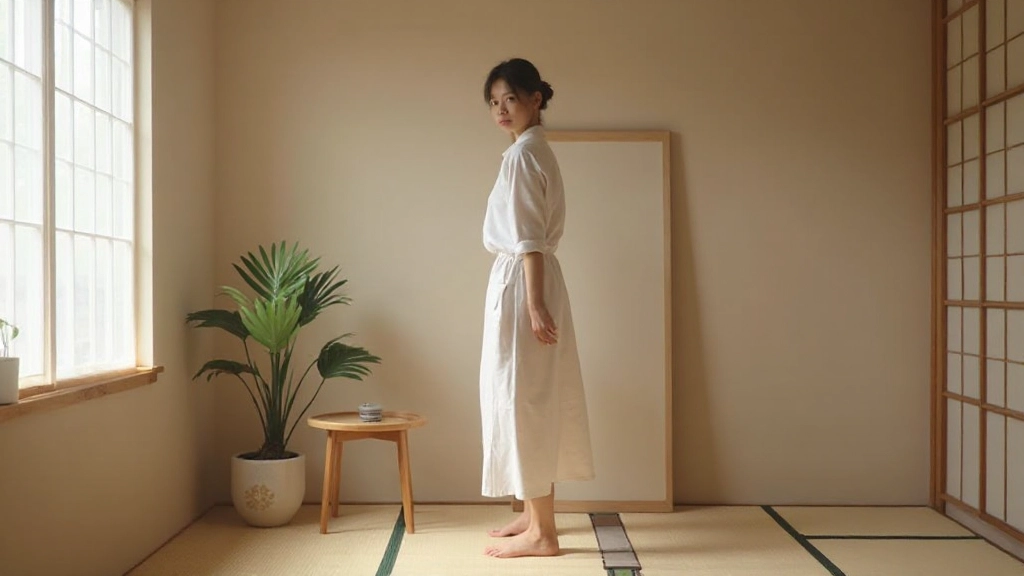 明るい和室の一角、白壁と自然素材の家具、観葉植物が配置された落ち着いた空間