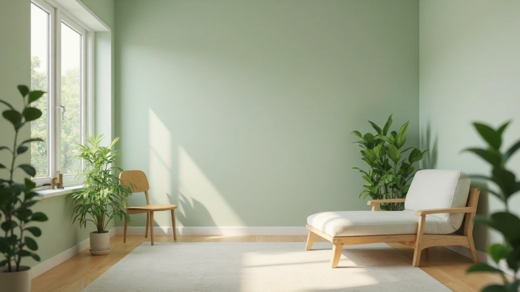 白と緑を基調とした落ち着いたリビングルーム、自然光が差し込む窓、観葉植物