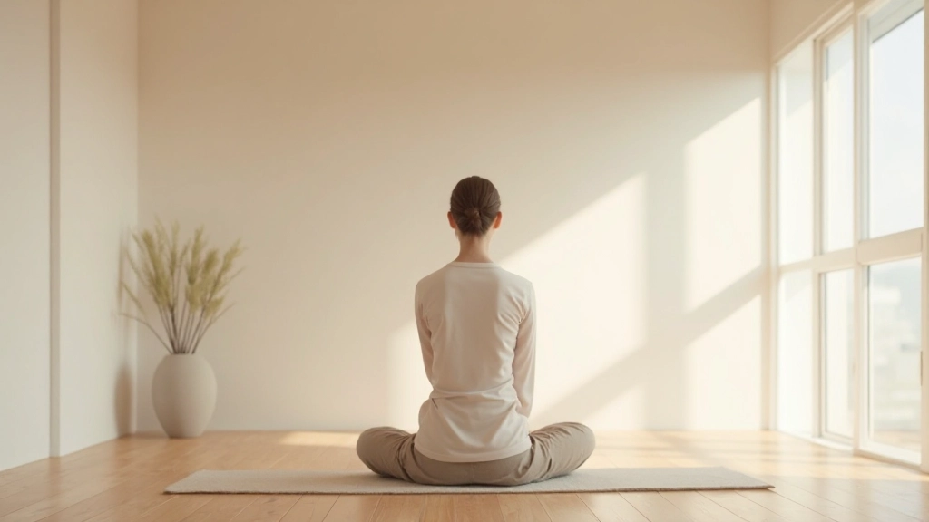 木製の床と白壁のシンプルな瞑想スペース、自然光が柔らかく差し込む様子