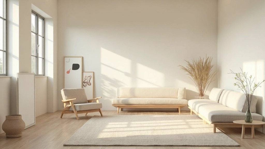 広々とした空間を活かしたミニマルなリビング、照明が効果的に配置されている